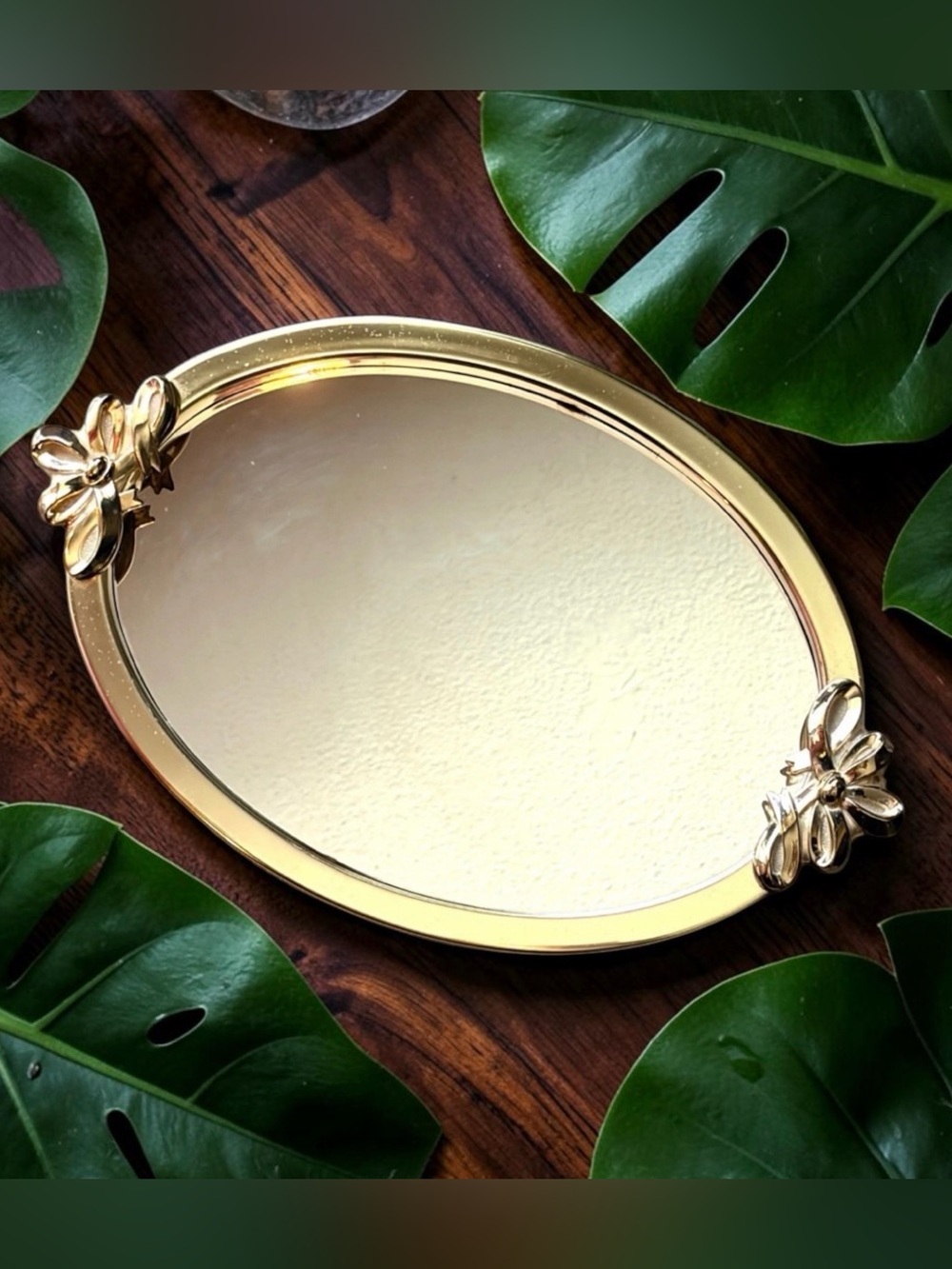 CI Gold Oval Mirrored Vanity Tray Bow Floral Accents Vintage Style 13.5in